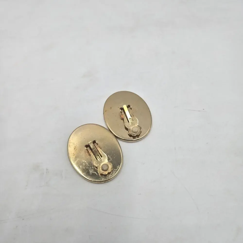 Vintage Black Gold Foil Oval Clip On Earrings Statement Abstract Mid Century Mod
